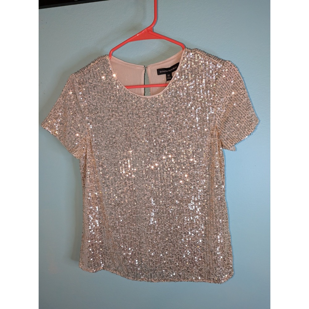 Banana Republic Womens Champagne Gold Sequin Short Sleeve Blouse XS New